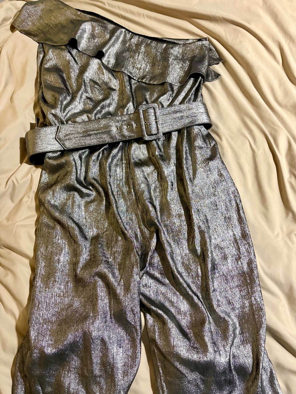 Gabrielle Union NY&Co Metallic Silver One Shoulder Belted Jumpsuit NWT XXL
